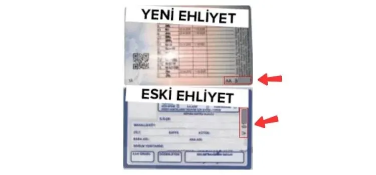 Yeni ve eski tip ehliyette seri numarasının yeri