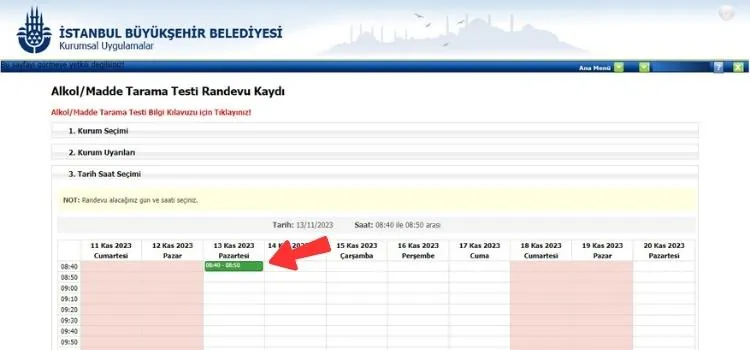 Seçilen randevu saati yeşil olarak işaretlenmiş takvim