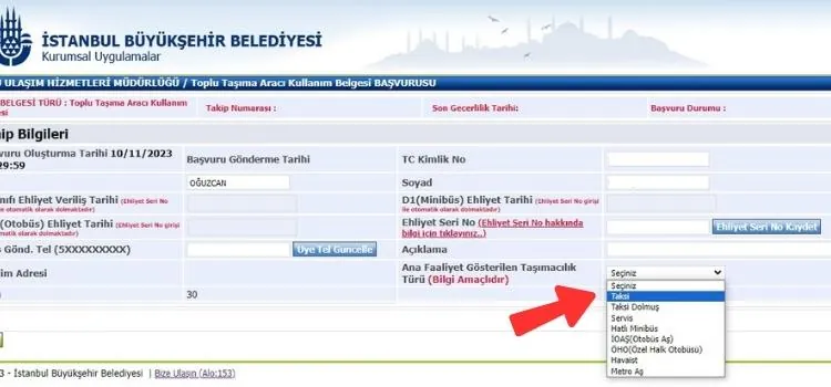 İBB e-tuhim sisteminde toplu taşıma aracı kullanım belgesi için taşımacılık türünün seçildiği ekran