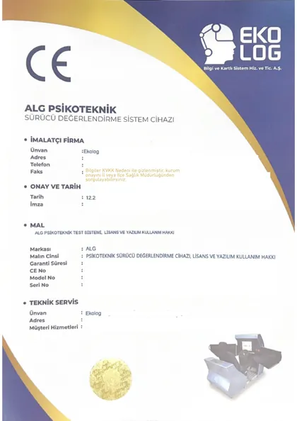Test cihazı ürün belgesi - Ekolog Bilgi ve Kartlı Sistem