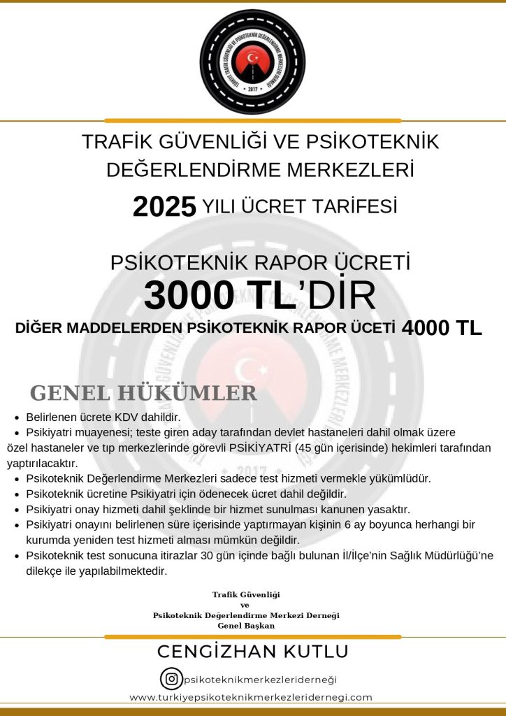 Trafik Güvenliği ve Psikoteknik Değerlendirme Merkezleri Derneği Psikoteknik Belgesi 2025 Fiyatı